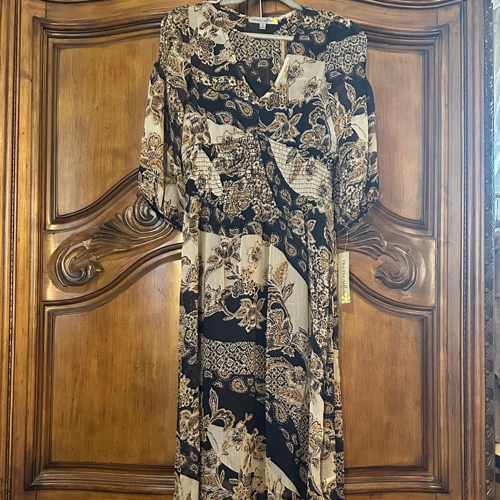 Anthropologie Black and Tan Patterned Long Sleeve Dress NWT